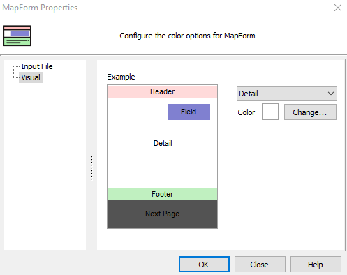 The map form properties dialog. Visual is selected from the tree on the left. On the right, select the area, defined below, and adjust the color of the selected area. The detail area is currently selected.